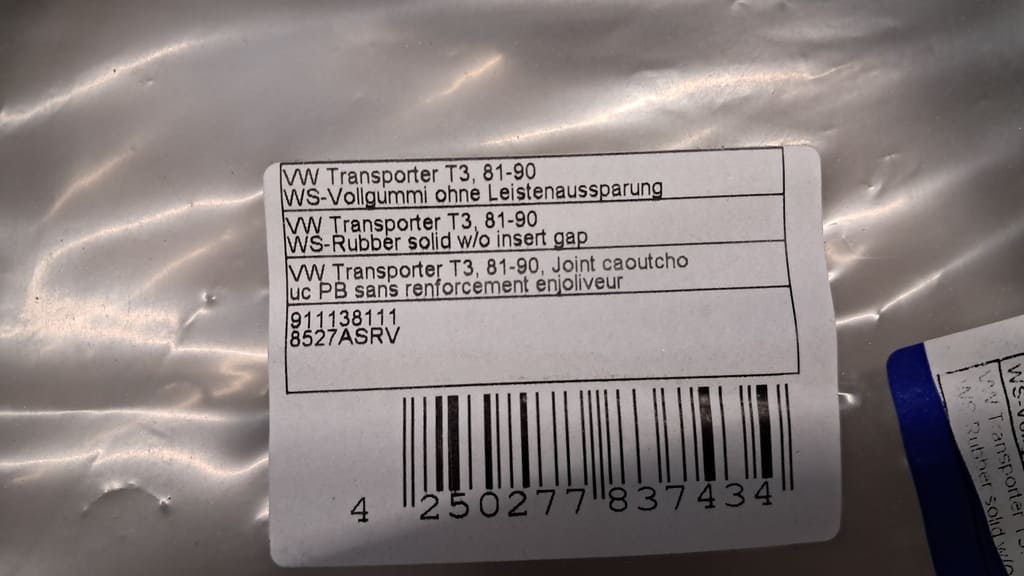 Fensterdichtung (WS-Vollgummi)ohne Leistenaussparung VW T3  Transporter