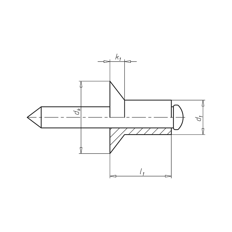 Blindniet offen mit Sollbruchdorn und Senkkopf ISO 15978 Senkkopf Alu/Stahl