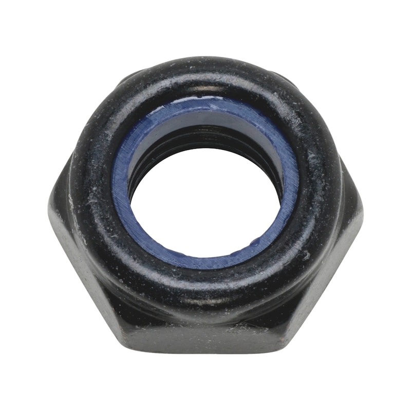 Sechskantmutter niedrige Form mit Klemmteil, Edelstahl A2 schwarz,M5